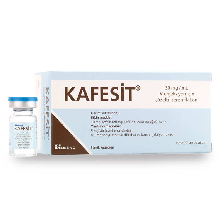 KAFESIT 20 mg/ml IV enjeksiyon için çözelti içeren 1 flakon kutusunun resmi