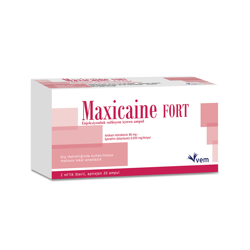 MAXICAINE FORT 80 mg/2 ml+0,02 mg/2 ml enjeksiyonluk solüsyon içeren ampül,20 adet kutusunun resmi
