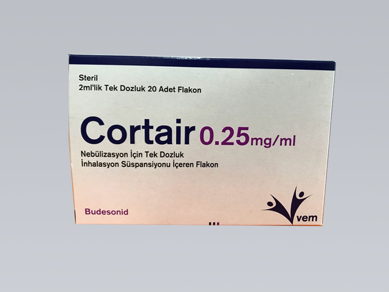 CORTAIR 0.25 mg/ml nebulizasyon için tek dozluk inhalasyon süspansiyonu içeren flakon (20 flakon) kutusunun resmi