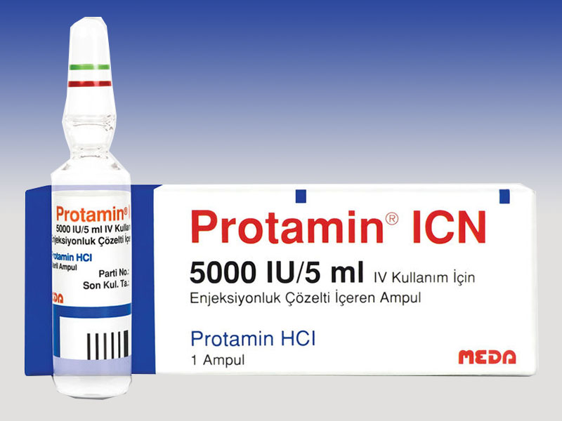 PROTAMIN ICN 5000 IU/5 ml IV kullanım için enjeksiyonluk solüsyon içeren ampül kutusunun resmi