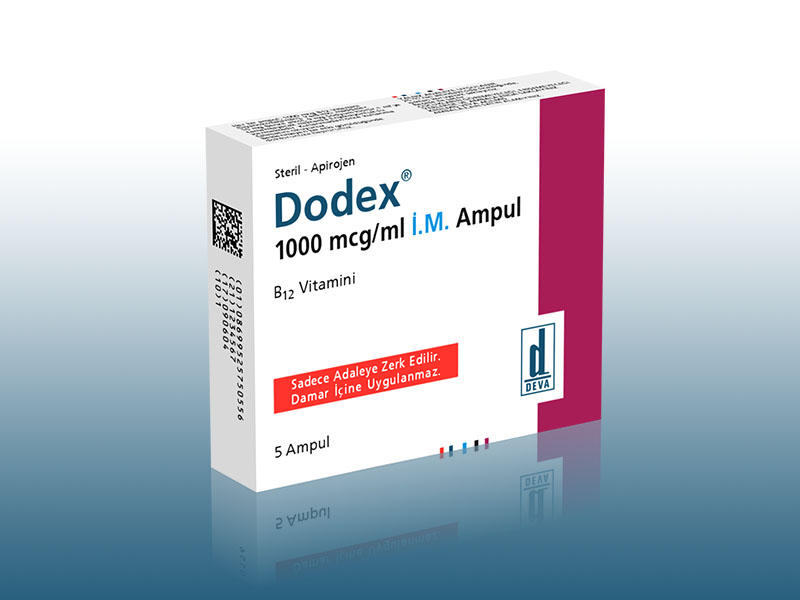 DODEX 1000 mcg IM enjeksiyonluk çözelti içeren 5 ampül kutusunun resmi